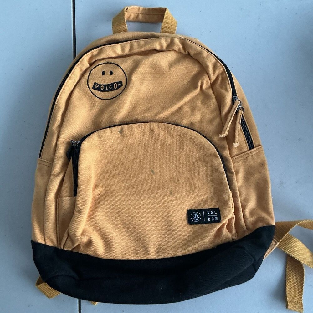 Volcom Backpack Tan Black Canvas Skate School Laptop Bag Embroidered Logo